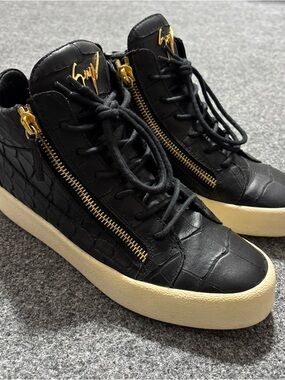 Giuseppe Zanotti Black Croc-Texture High-Top Sneakers with Gold Hardware